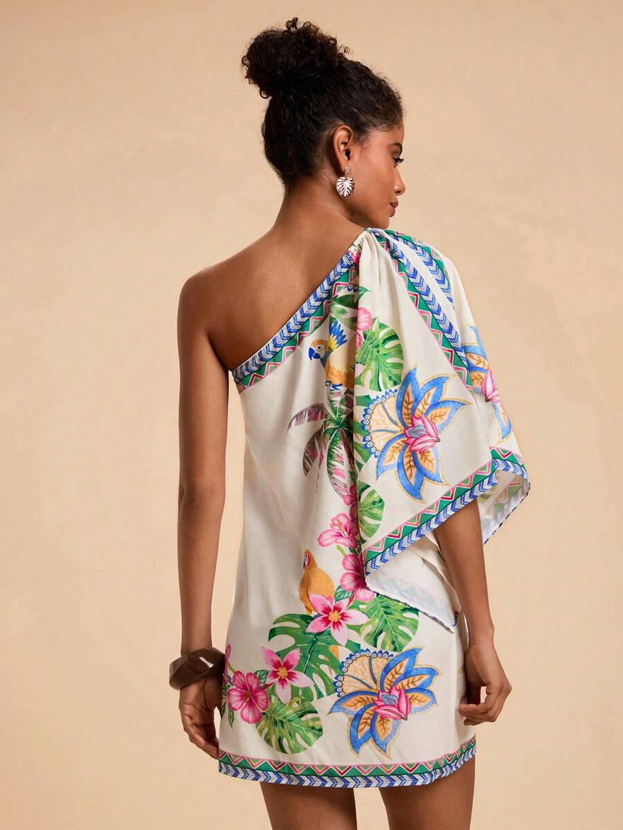 Travachic Vestido Curto Assimétrico de Mulher com Estampa Tropical