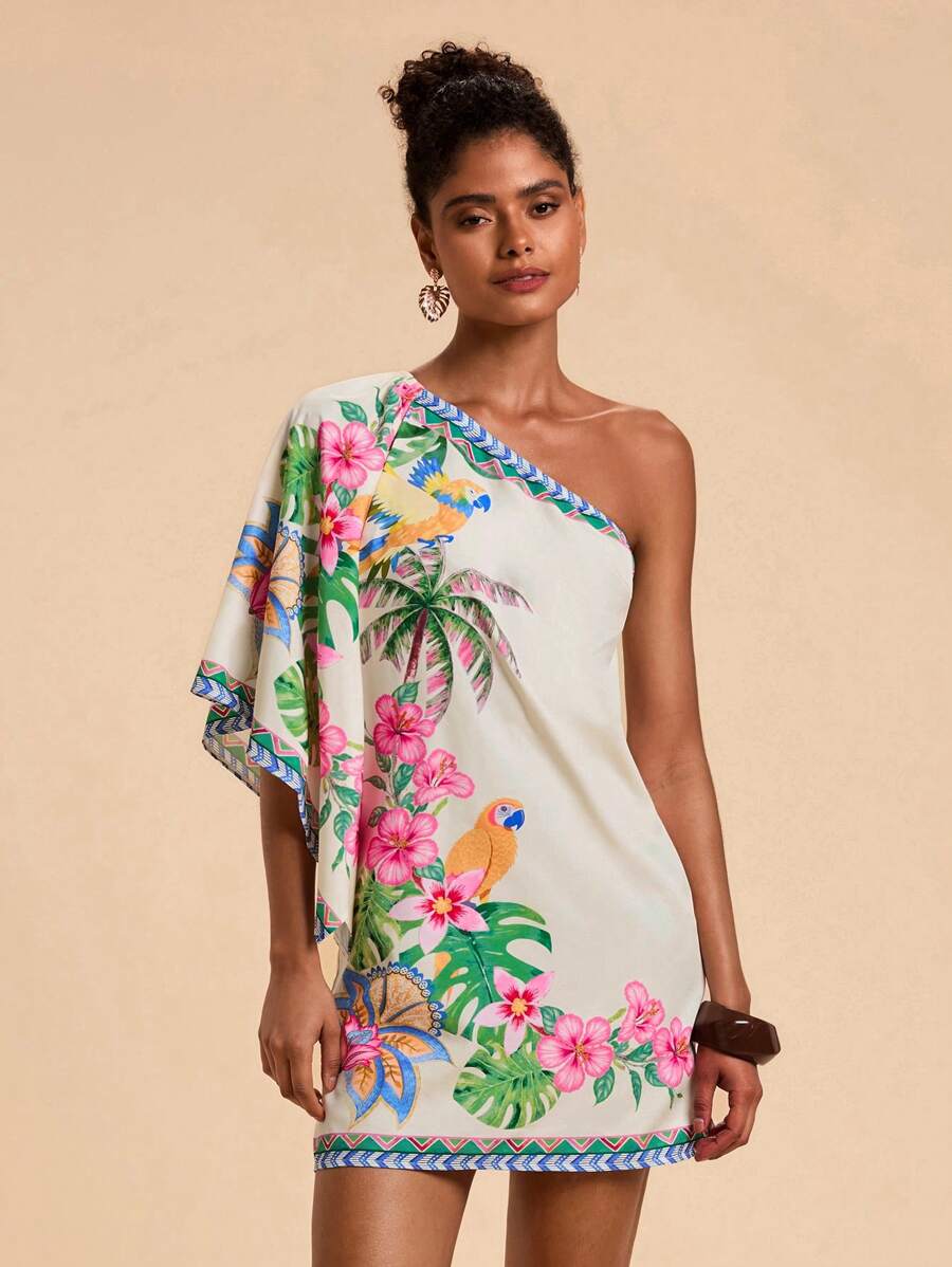 Travachic Vestido Curto Assimétrico de Mulher com Estampa Tropical