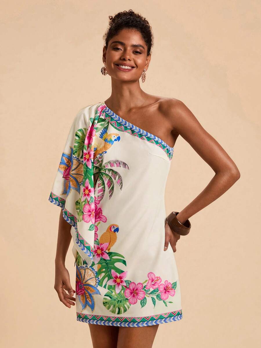 Travachic Vestido Curto Assimétrico de Mulher com Estampa Tropical