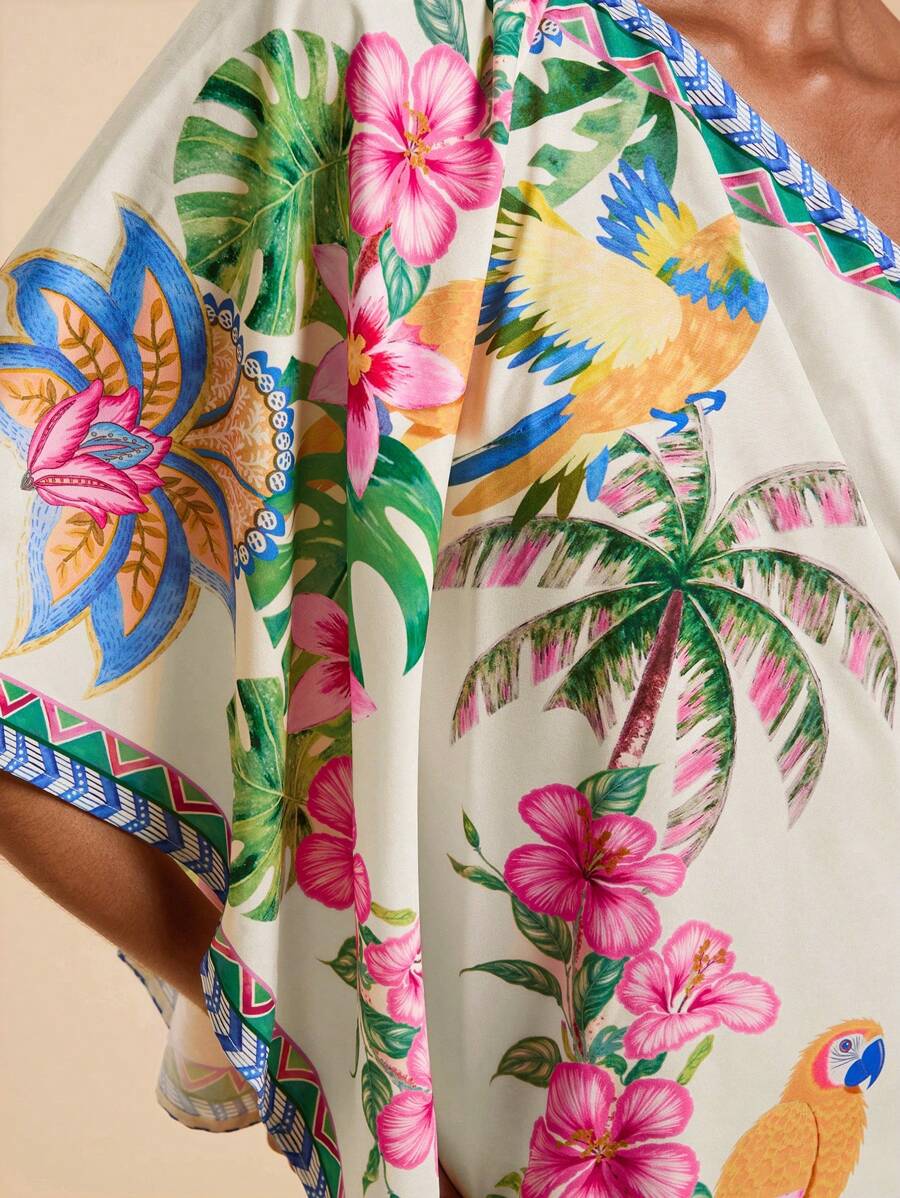 Travachic Vestido Curto Assimétrico de Mulher com Estampa Tropical