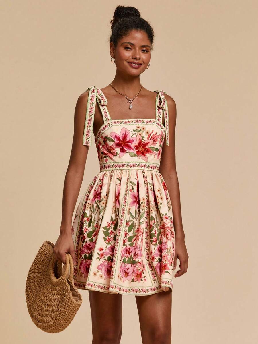 Travachic Vestido de Verão com Estampa Floral, Decote Quadrado, Sem Mangas, Cintura Marcada e Amarração na Frente, para Férias, Looks de Praia e Verão para Mulheres