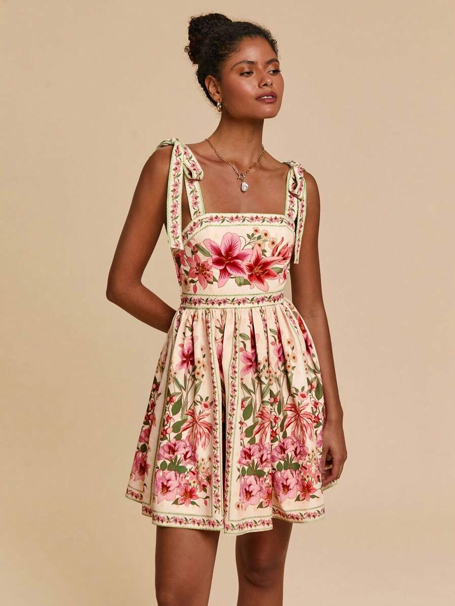 Travachic Vestido de Verão com Estampa Floral, Decote Quadrado, Sem Mangas, Cintura Marcada e Amarração na Frente, para Férias, Looks de Praia e Verão para Mulheres