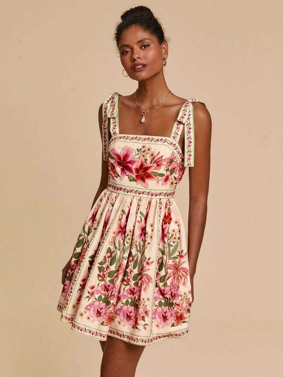 Travachic Vestido de Verão com Estampa Floral, Decote Quadrado, Sem Mangas, Cintura Marcada e Amarração na Frente, para Férias, Looks de Praia e Verão para Mulheres