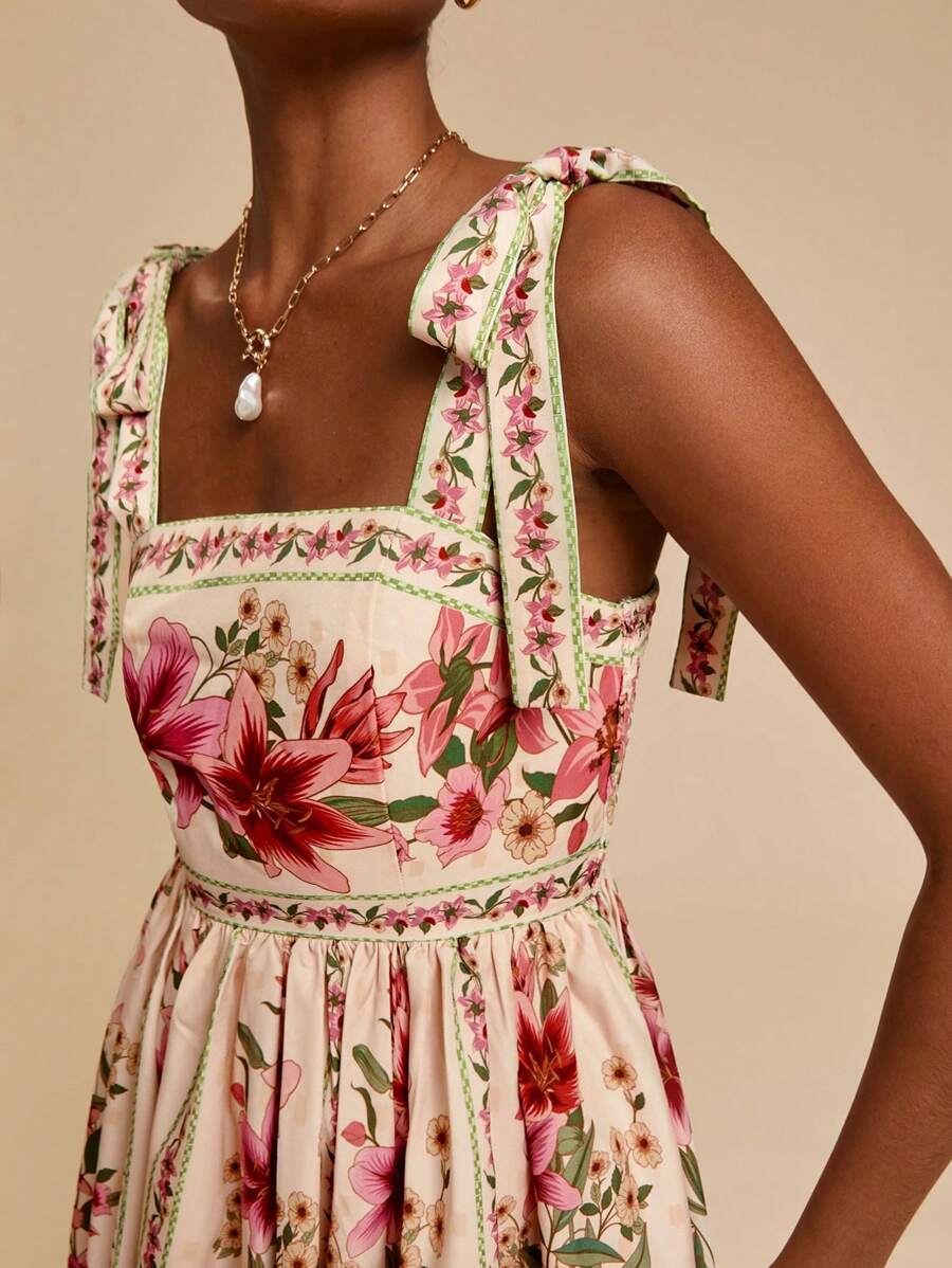 Travachic Vestido de Verão com Estampa Floral, Decote Quadrado, Sem Mangas, Cintura Marcada e Amarração na Frente, para Férias, Looks de Praia e Verão para Mulheres