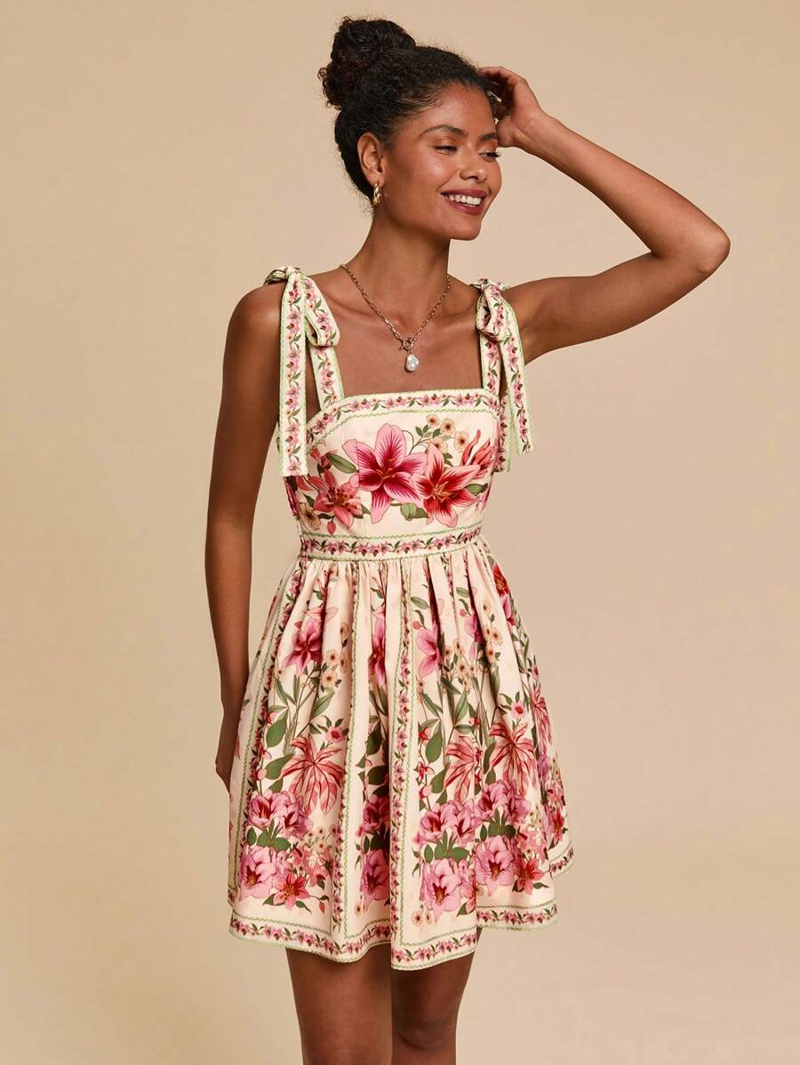 Travachic Vestido de Verão com Estampa Floral, Decote Quadrado, Sem Mangas, Cintura Marcada e Amarração na Frente, para Férias, Looks de Praia e Verão para Mulheres