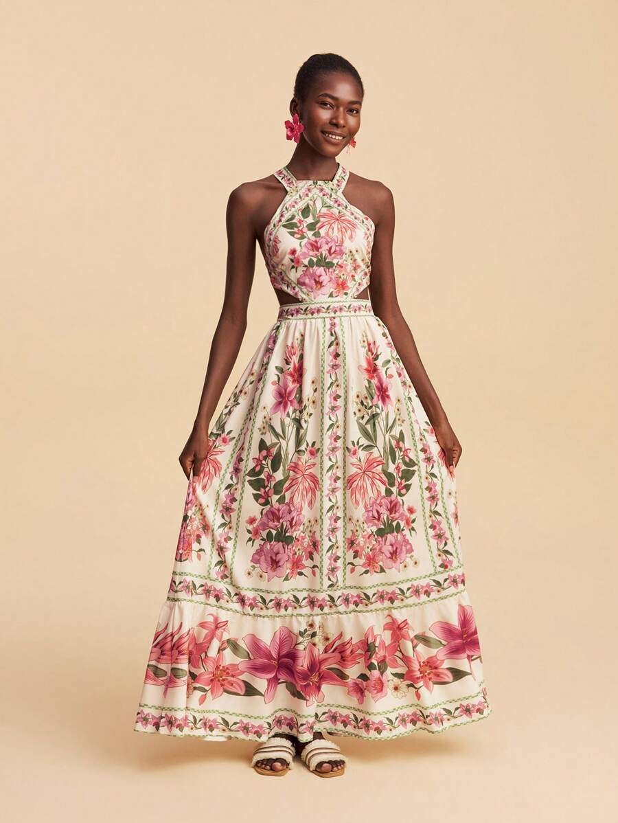 Travachic Vestido Feminino de Ombro de Fora com Estampa Tecida