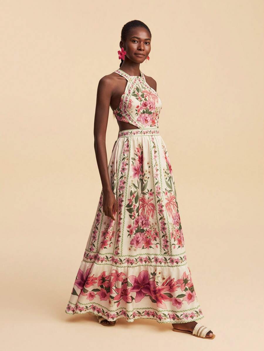 Travachic Vestido Feminino de Ombro de Fora com Estampa Tecida