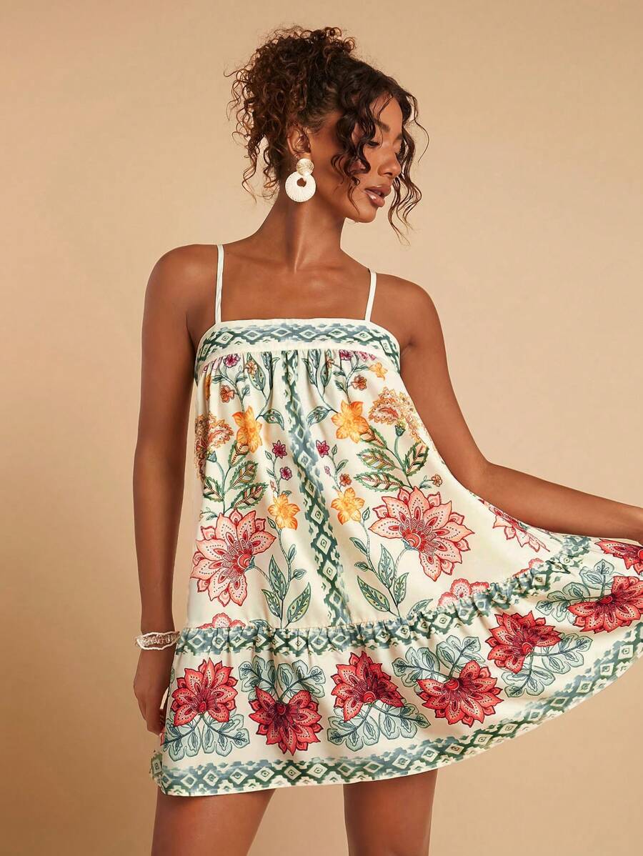 Travachic Vestido de alça fina para verão e férias, estampa floral, estilo de férias, looks de férias para mulheres, looks de férias na praia, looks de verão para mulheres, vestidos de verão para mulheres, vestidos para mulheres, vestido de verão