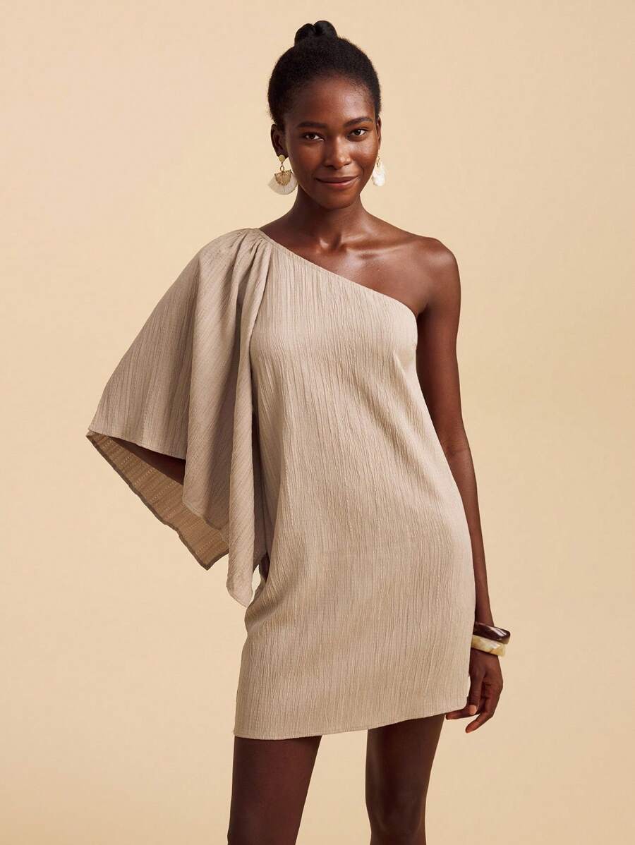 Travachic Vestido Curto Assimétrico de Mulher com Estampa Tropical