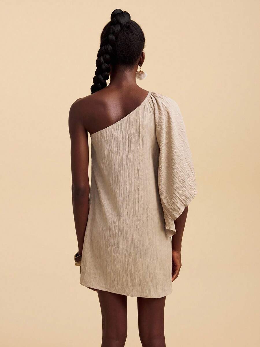 Travachic Vestido Curto Assimétrico de Mulher com Estampa Tropical