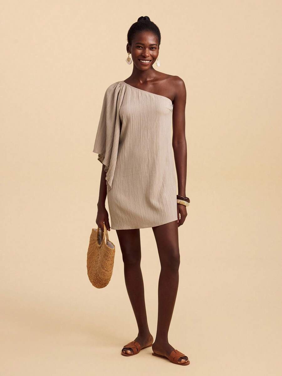 Travachic Vestido Curto Assimétrico de Mulher com Estampa Tropical