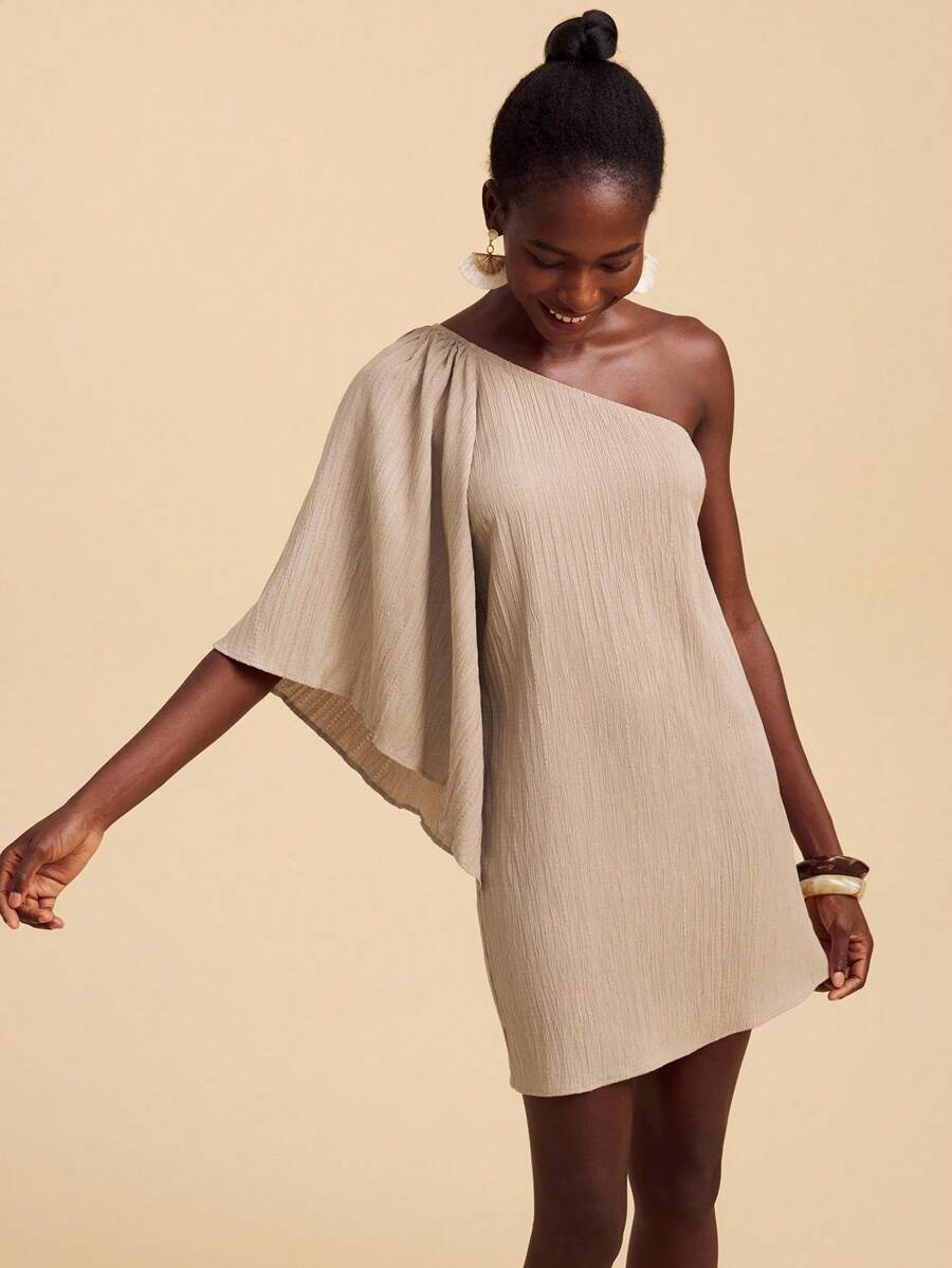 Travachic Vestido Curto Assimétrico de Mulher com Estampa Tropical