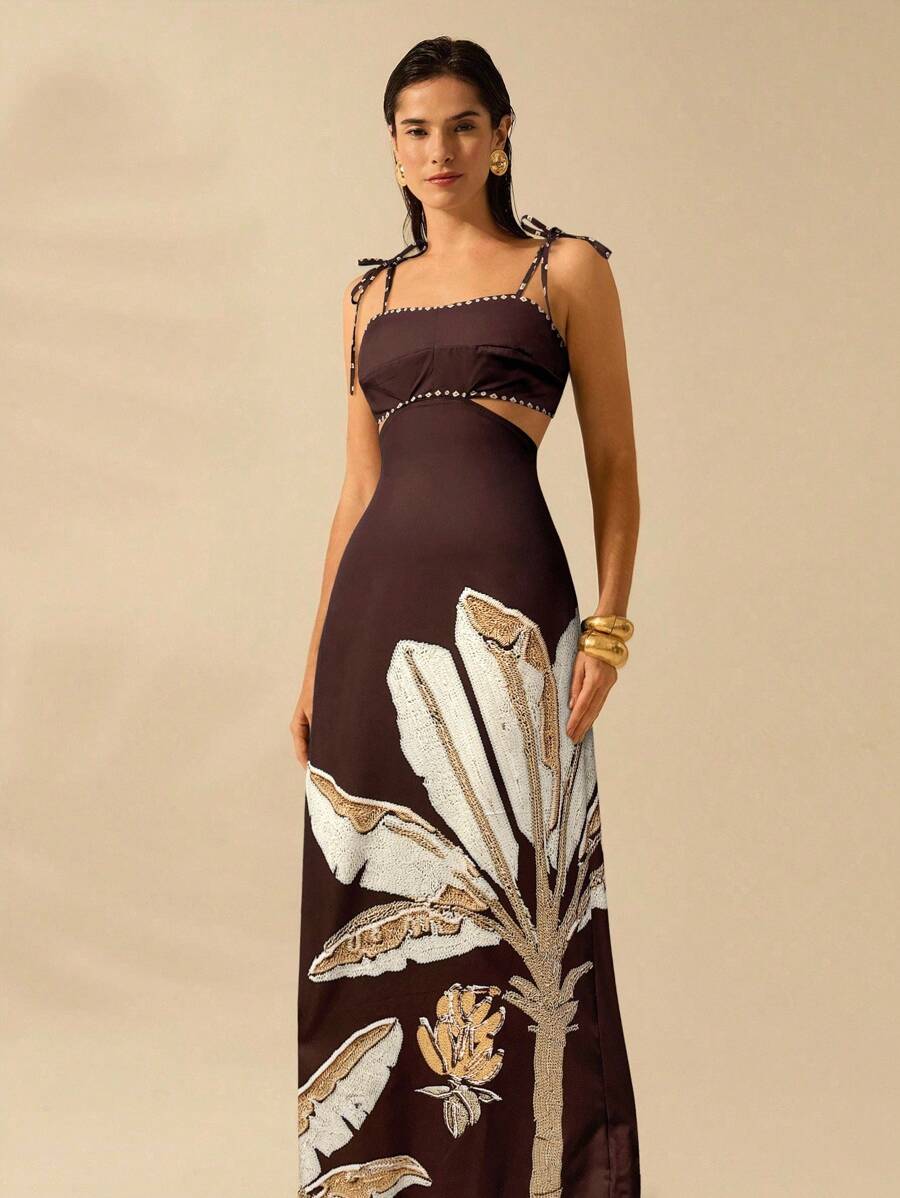 CAJUNI Vestido Boho Feminino Estampa de Árvore de Banana, Vestido Preto Casual de Verão com Amarração Oca na Cintura Sem Mangas, Vestido Casual de Férias