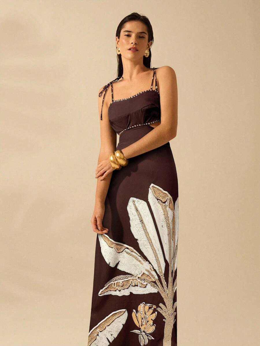 CAJUNI Vestido Boho Feminino Estampa de Árvore de Banana, Vestido Preto Casual de Verão com Amarração Oca na Cintura Sem Mangas, Vestido Casual de Férias