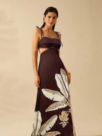 CAJUNI Vestido Boho Feminino Estampa de Árvore de Banana, Vestido Preto Casual de Verão com Amarração Oca na Cintura Sem Mangas, Vestido Casual de Férias