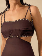 CAJUNI Vestido Boho Feminino Estampa de Árvore de Banana, Vestido Preto Casual de Verão com Amarração Oca na Cintura Sem Mangas, Vestido Casual de Férias