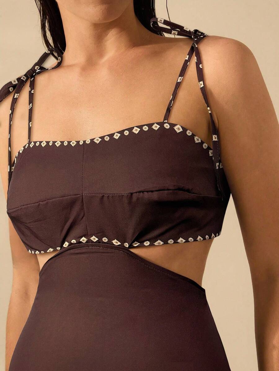 CAJUNI Vestido Boho Feminino Estampa de Árvore de Banana, Vestido Preto Casual de Verão com Amarração Oca na Cintura Sem Mangas, Vestido Casual de Férias