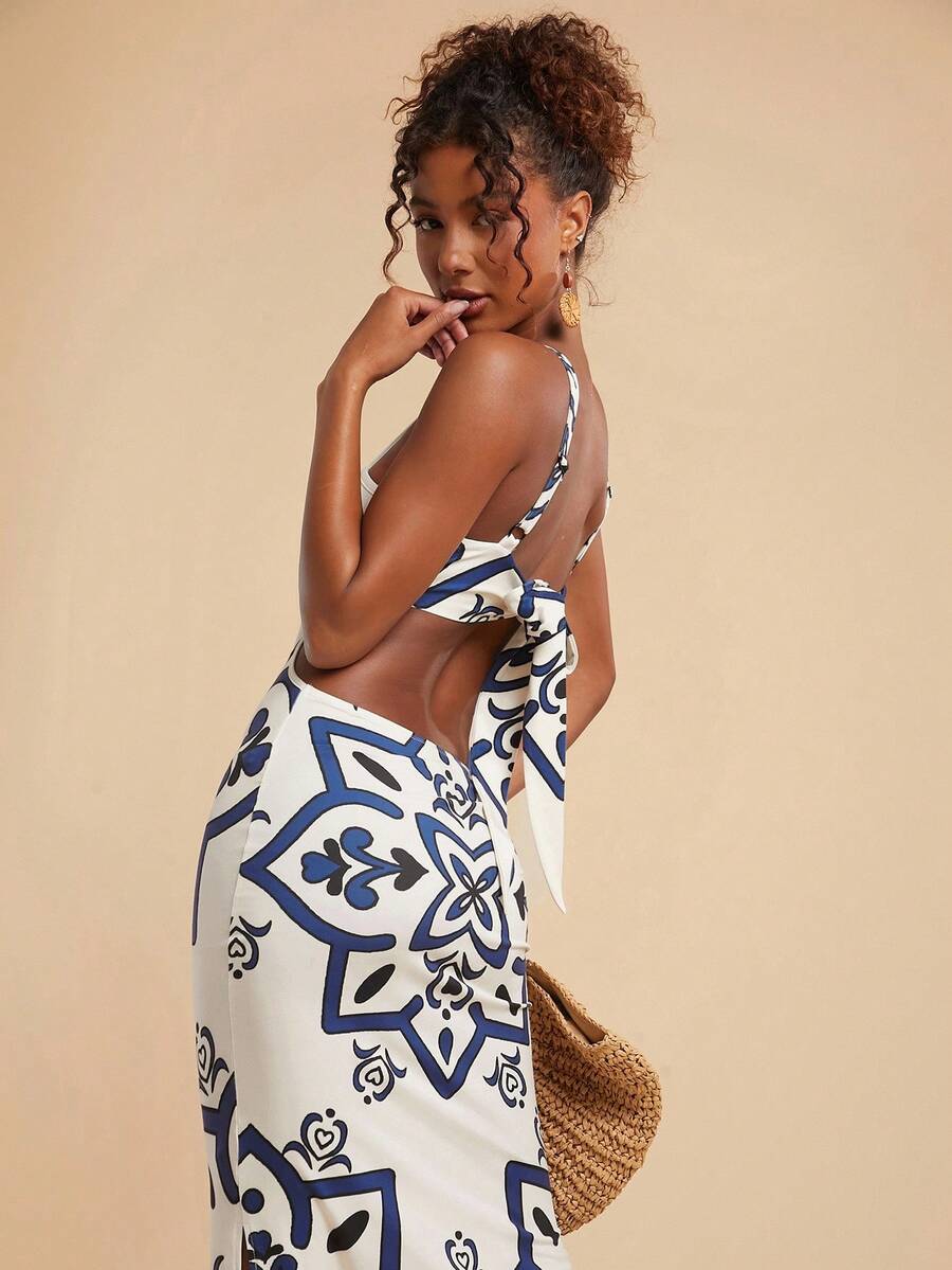 Travachic Vestido Feminino Estampa Floral Costas Abertas Sem Mangas, Estilo de Férias, Looks de Verão para Mulheres, Verão, Looks de Férias para Mulheres, Vestidos de Verão para Mulheres