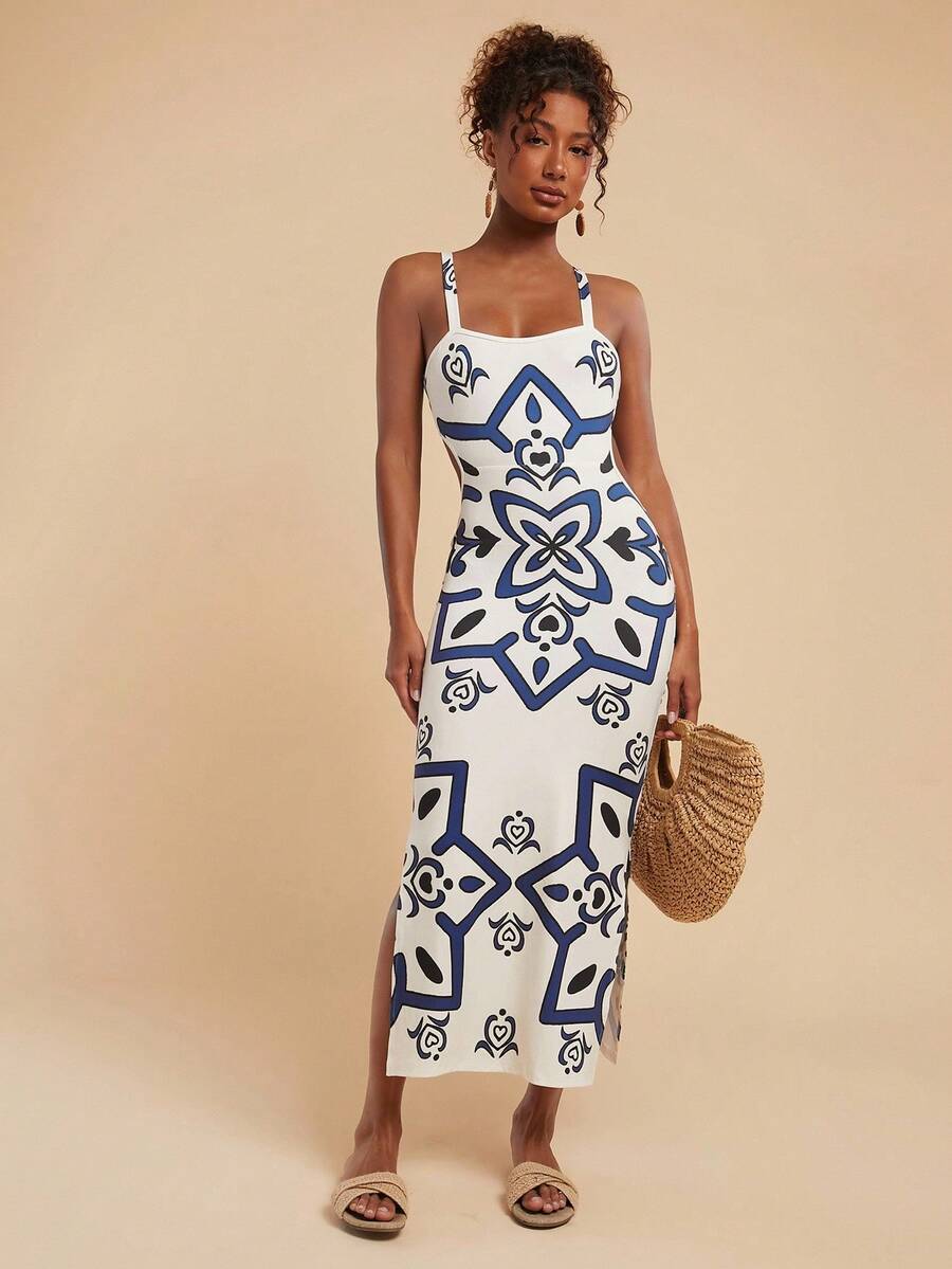 Travachic Vestido Feminino Estampa Floral Costas Abertas Sem Mangas, Estilo de Férias, Looks de Verão para Mulheres, Verão, Looks de Férias para Mulheres, Vestidos de Verão para Mulheres