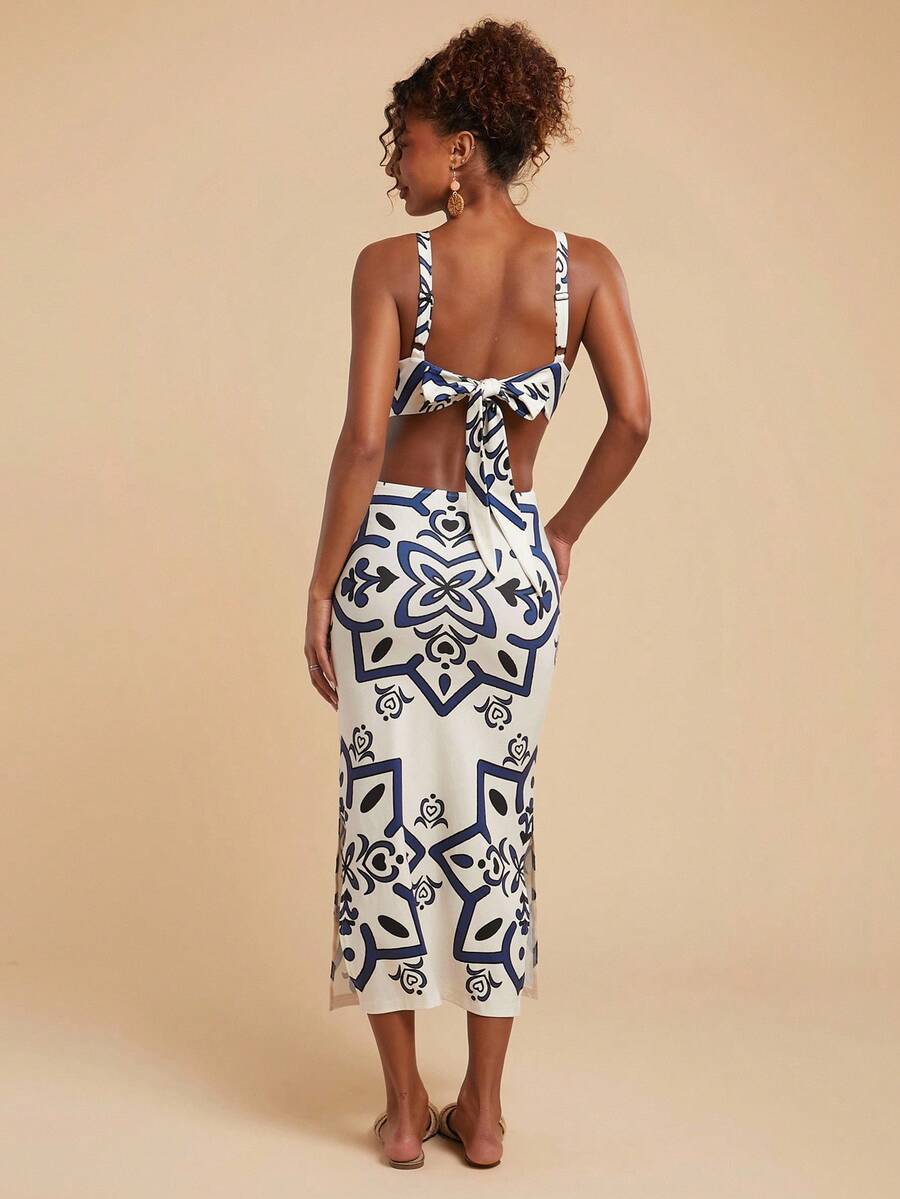 Travachic Vestido Feminino Estampa Floral Costas Abertas Sem Mangas, Estilo de Férias, Looks de Verão para Mulheres, Verão, Looks de Férias para Mulheres, Vestidos de Verão para Mulheres