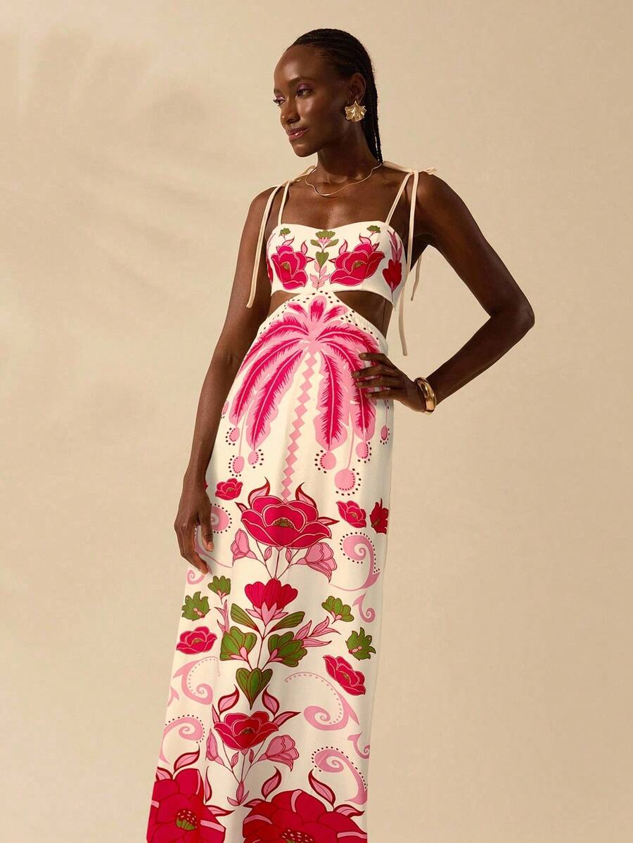 CAJUNI Vestido Longo Cropped Casual com Amarração na Frente, Estampa Tropical Colorida de Coqueiros e Flores, Sem Mangas, Vestido de Praia para Férias