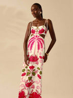 CAJUNI Vestido Longo Cropped Casual com Amarração na Frente, Estampa Tropical Colorida de Coqueiros e Flores, Sem Mangas, Vestido de Praia para Férias