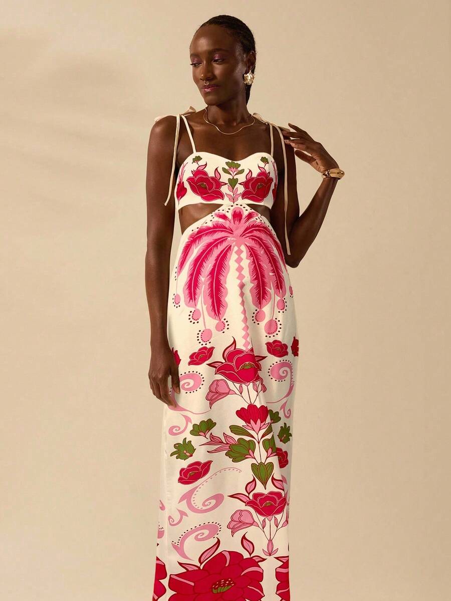 CAJUNI Vestido Longo Cropped Casual com Amarração na Frente, Estampa Tropical Colorida de Coqueiros e Flores, Sem Mangas, Vestido de Praia para Férias