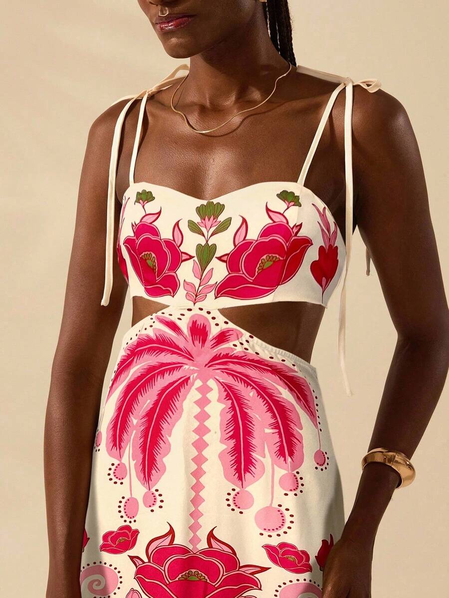 CAJUNI Vestido Longo Cropped Casual com Amarração na Frente, Estampa Tropical Colorida de Coqueiros e Flores, Sem Mangas, Vestido de Praia para Férias