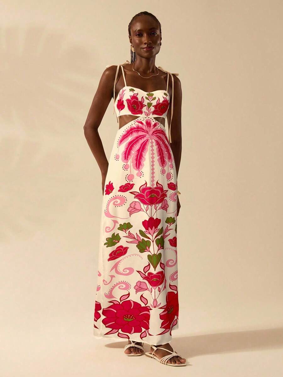 CAJUNI Vestido Longo Cropped Casual com Amarração na Frente, Estampa Tropical Colorida de Coqueiros e Flores, Sem Mangas, Vestido de Praia para Férias