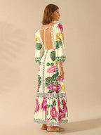 CAJUNI Vestido de Férias Feminino Boêmio com Estampa Floral, Gola em V, Manga Longa, Costas Vazadas, Cintura A-line