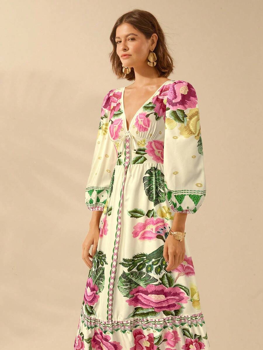 CAJUNI Vestido de Férias Feminino Boêmio com Estampa Floral, Gola em V, Manga Longa, Costas Vazadas, Cintura A-line