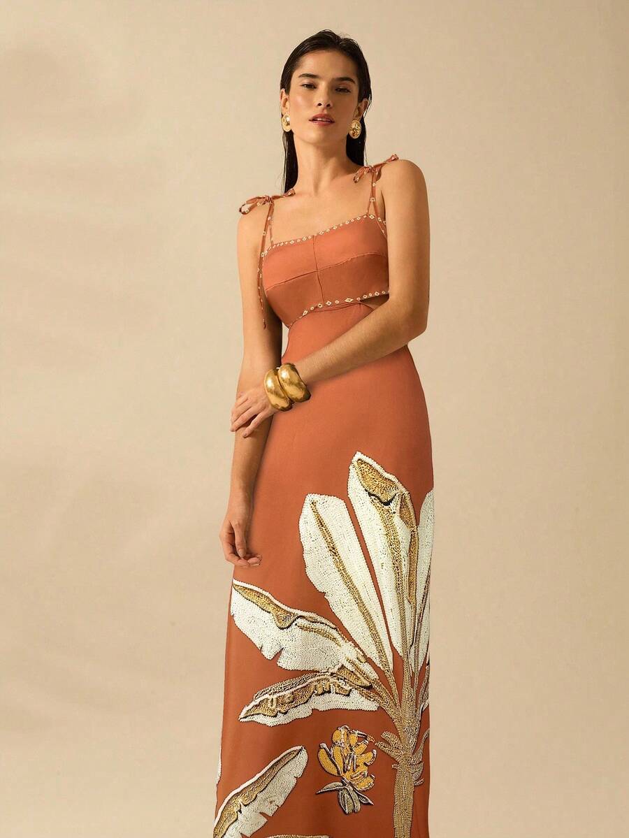 CAJUNI Vestido Boho Feminino Estampa de Árvore de Banana, Vestido Preto Casual de Verão com Amarração Oca na Cintura Sem Mangas, Vestido Casual de Férias