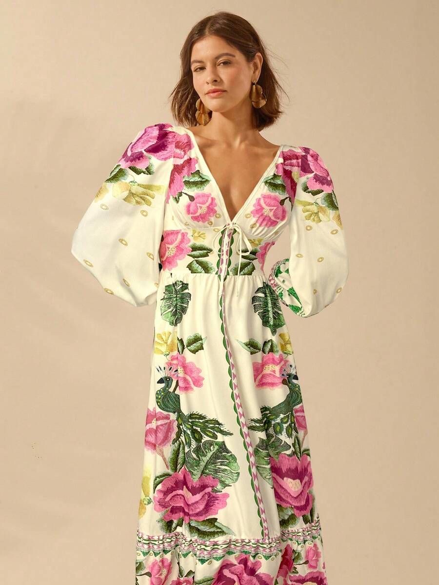 CAJUNI Vestido de Férias Feminino Boêmio com Estampa Floral, Gola em V, Manga Longa, Costas Vazadas, Cintura A-line