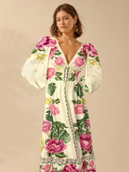 CAJUNI Vestido de Férias Feminino Boêmio com Estampa Floral, Gola em V, Manga Longa, Costas Vazadas, Cintura A-line