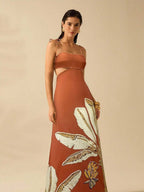 CAJUNI Vestido Boho Feminino Estampa de Árvore de Banana, Vestido Preto Casual de Verão com Amarração Oca na Cintura Sem Mangas, Vestido Casual de Férias