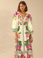 CAJUNI Vestido de Férias Feminino Boêmio com Estampa Floral, Gola em V, Manga Longa, Costas Vazadas, Cintura A-line