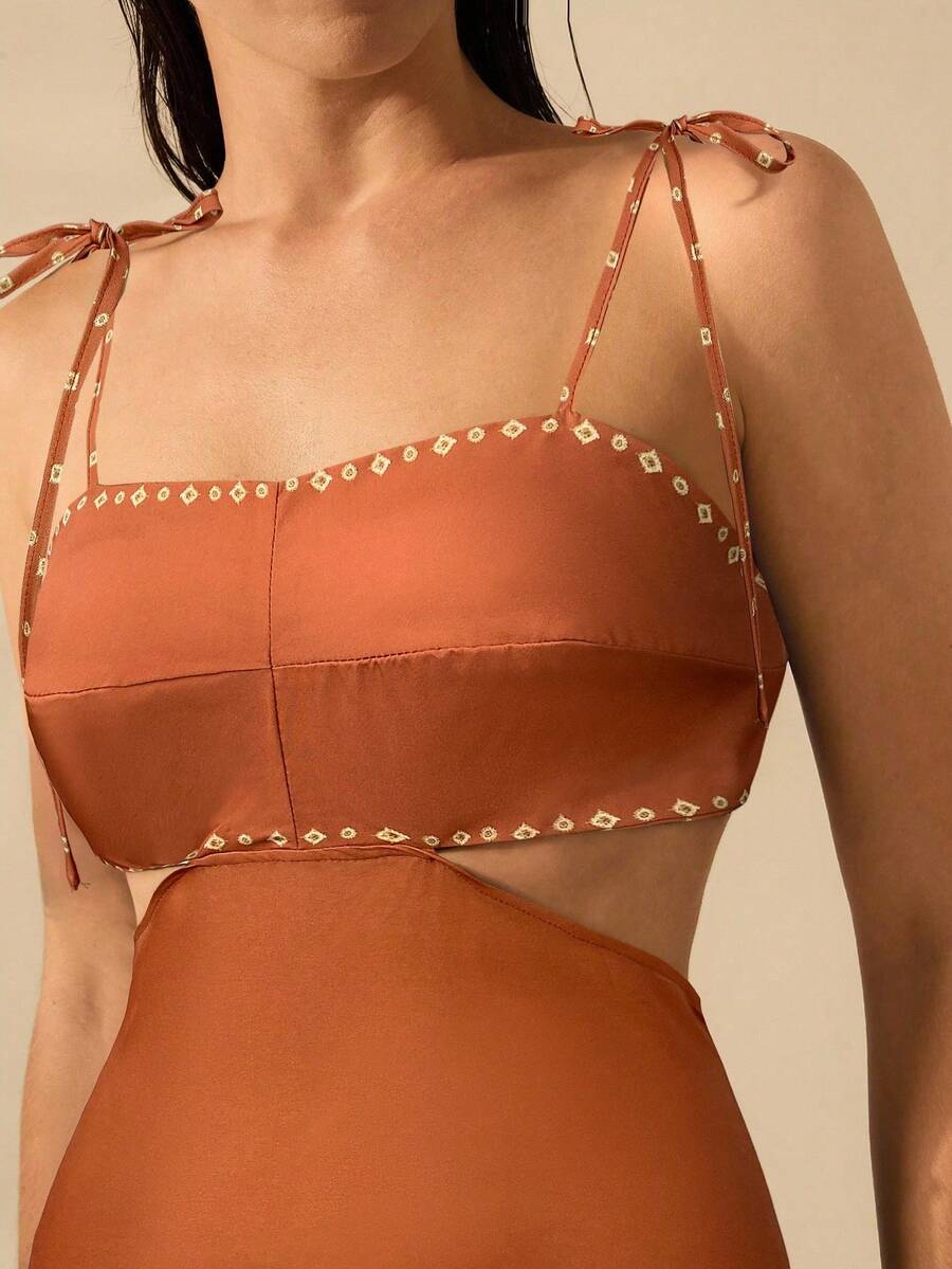 CAJUNI Vestido Boho Feminino Estampa de Árvore de Banana, Vestido Preto Casual de Verão com Amarração Oca na Cintura Sem Mangas, Vestido Casual de Férias