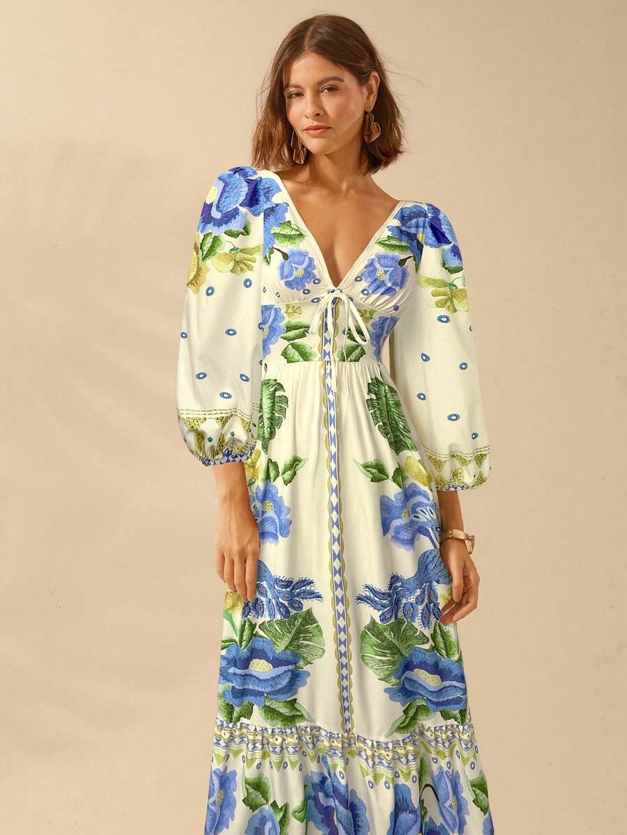 CAJUNI Vestido de Férias Feminino Boêmio com Estampa Floral, Gola em V, Manga Longa, Costas Vazadas, Cintura A-line