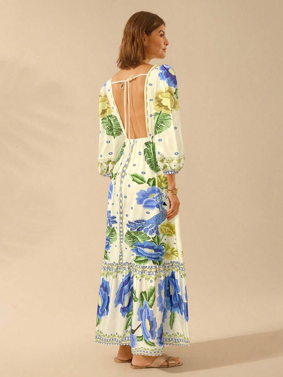 CAJUNI Vestido de Férias Feminino Boêmio com Estampa Floral, Gola em V, Manga Longa, Costas Vazadas, Cintura A-line