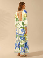 CAJUNI Vestido de Férias Feminino Boêmio com Estampa Floral, Gola em V, Manga Longa, Costas Vazadas, Cintura A-line