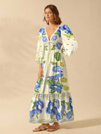 CAJUNI Vestido de Férias Feminino Boêmio com Estampa Floral, Gola em V, Manga Longa, Costas Vazadas, Cintura A-line