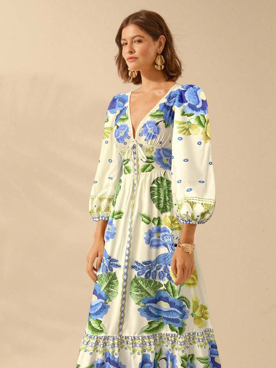 CAJUNI Vestido de Férias Feminino Boêmio com Estampa Floral, Gola em V, Manga Longa, Costas Vazadas, Cintura A-line