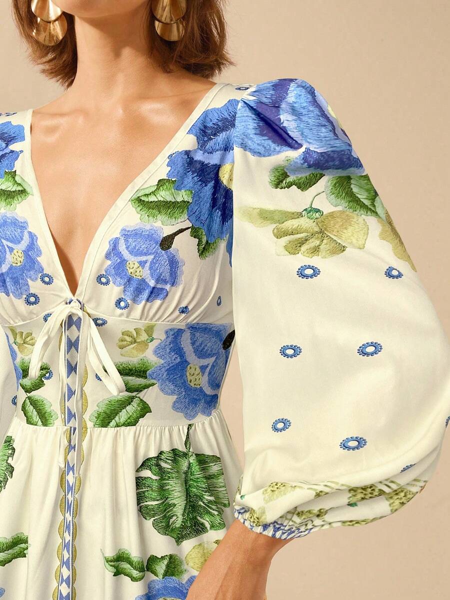 CAJUNI Vestido de Férias Feminino Boêmio com Estampa Floral, Gola em V, Manga Longa, Costas Vazadas, Cintura A-line