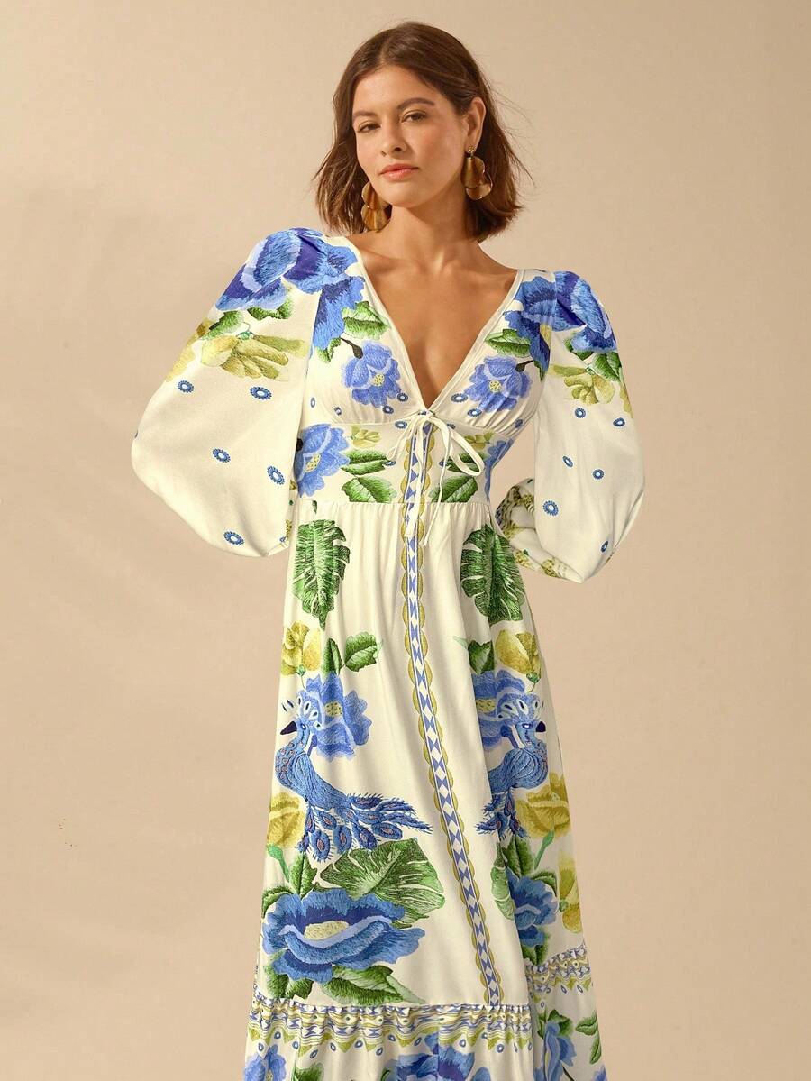 CAJUNI Vestido de Férias Feminino Boêmio com Estampa Floral, Gola em V, Manga Longa, Costas Vazadas, Cintura A-line