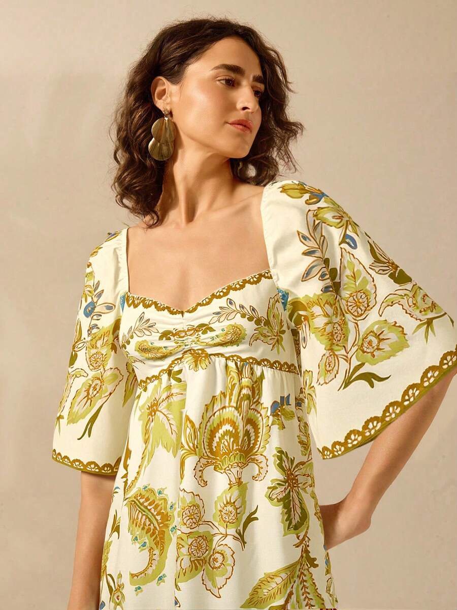 CAJUNI Vestido Curto Casual de Férias Vintage com Estampa Floral Tropical Boêmia para Mulheres