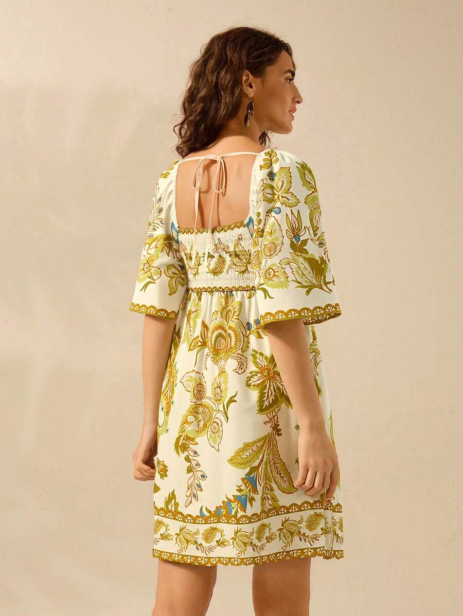 CAJUNI Vestido Curto Casual de Férias Vintage com Estampa Floral Tropical Boêmia para Mulheres