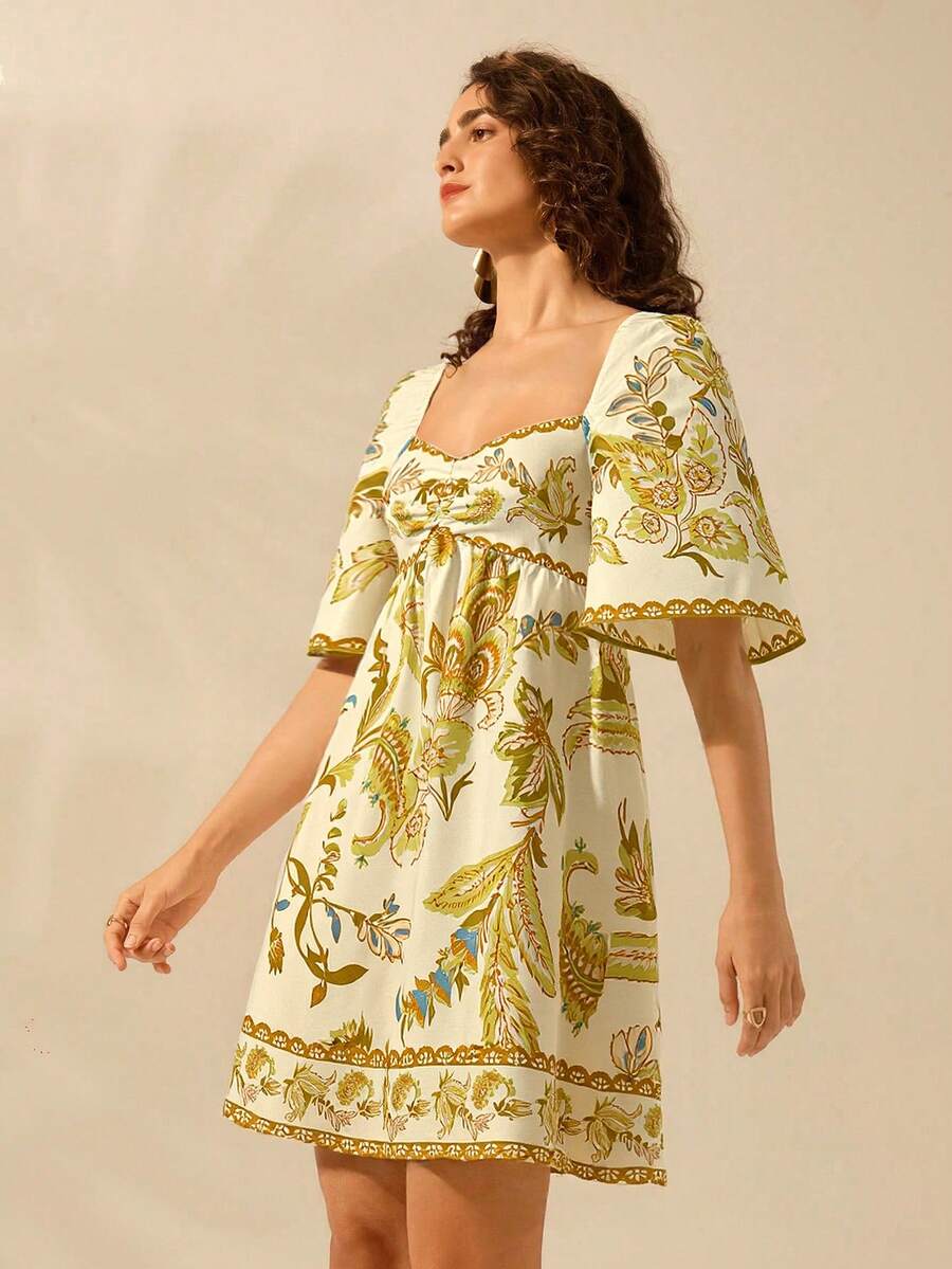 CAJUNI Vestido Curto Casual de Férias Vintage com Estampa Floral Tropical Boêmia para Mulheres