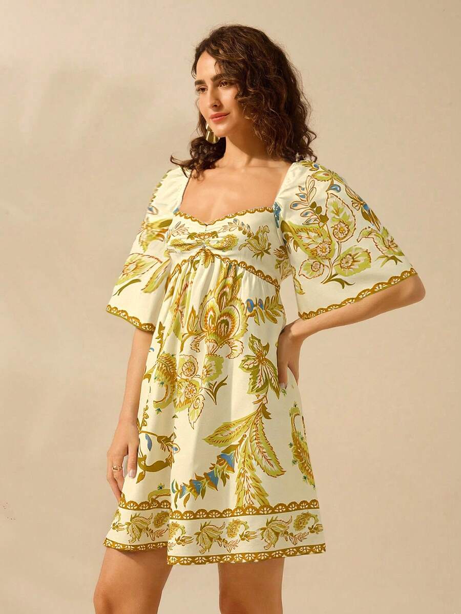 CAJUNI Vestido Curto Casual de Férias Vintage com Estampa Floral Tropical Boêmia para Mulheres