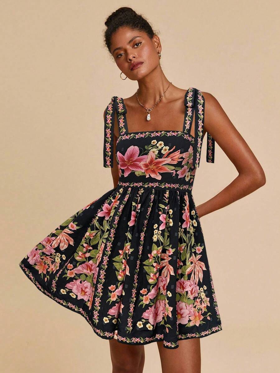 Travachic Vestido de Verão com Estampa Floral, Decote Quadrado, Sem Mangas, Cintura Marcada e Amarração na Frente, para Férias, Looks de Praia e Verão para Mulheres