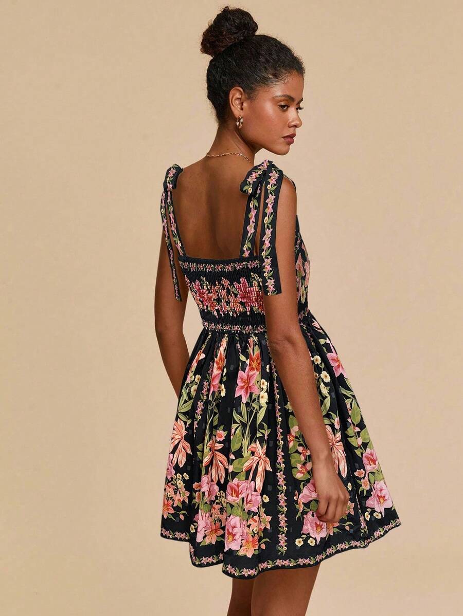 Travachic Vestido de Verão com Estampa Floral, Decote Quadrado, Sem Mangas, Cintura Marcada e Amarração na Frente, para Férias, Looks de Praia e Verão para Mulheres